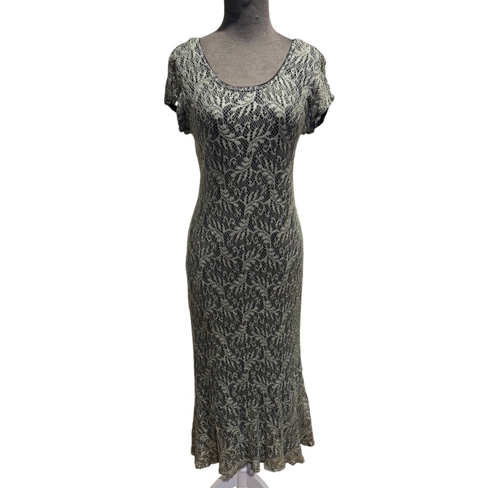90s vintage Jimelliot California Dress 12 Sage Green Metallic Lace Midi Sheath